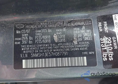 2007 Hyundai Santa Fe Limited/Se from USA, damaged, VIN 5NMSH13E57H087791